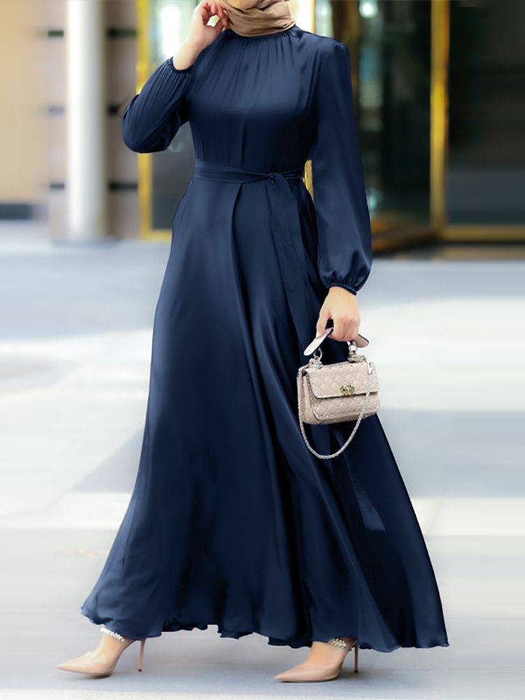 Hana Dress: Women's Solid Satin Maxi Elegant Puff Sleeve Robe Dress